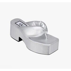 ZARA SILVER CHUNKY TOE POST LEATHER PLATFORM HEELED SANDALS Size 7.5 New
